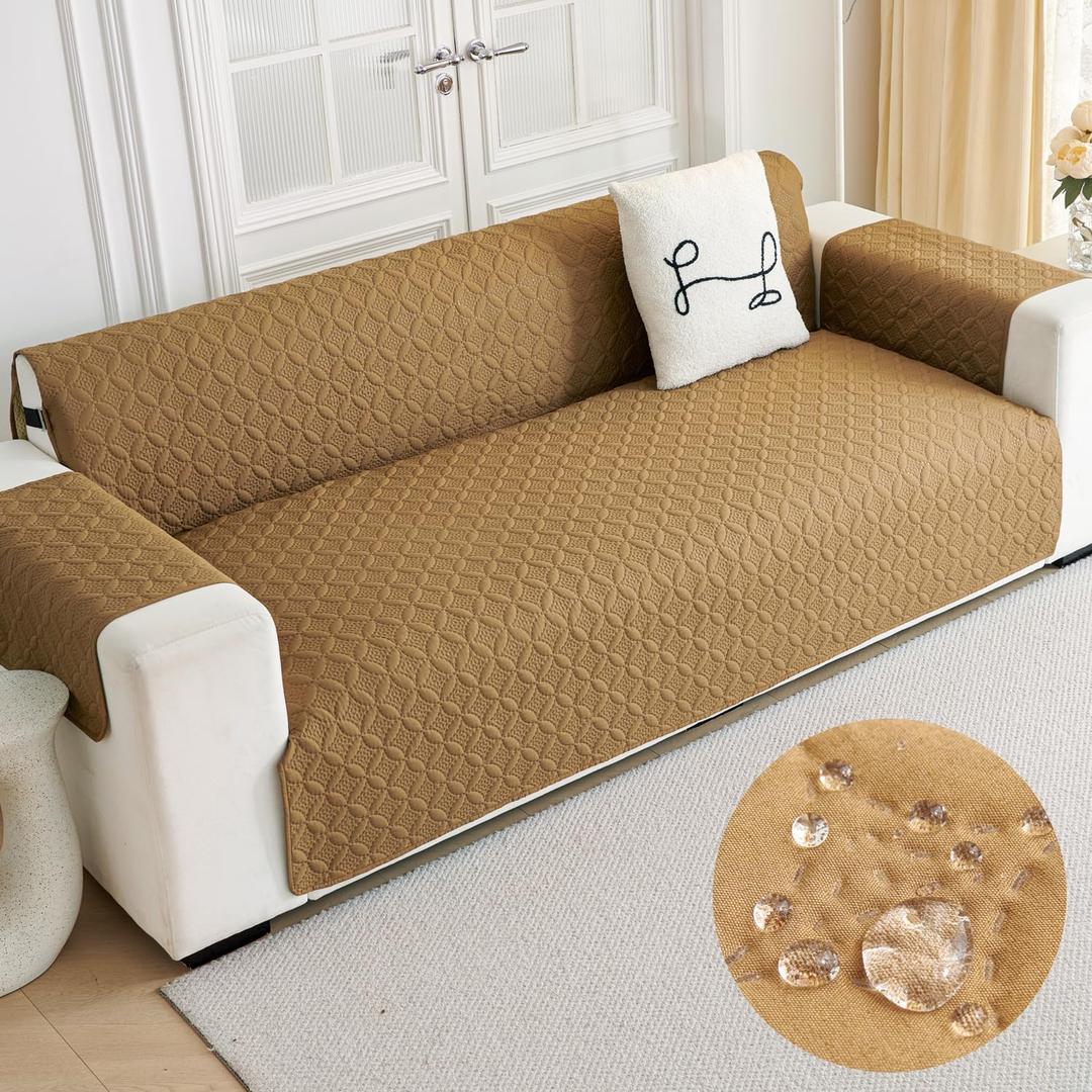 ENVEHUG Loveseat Sofa Cover for 2 Cushion Couch Water Resistant Slipcover Furniture Protector Washable Couch Cover with Non Slip and Elastic Straps for Kids Dog Cat Pet (Khaki, 104x76)