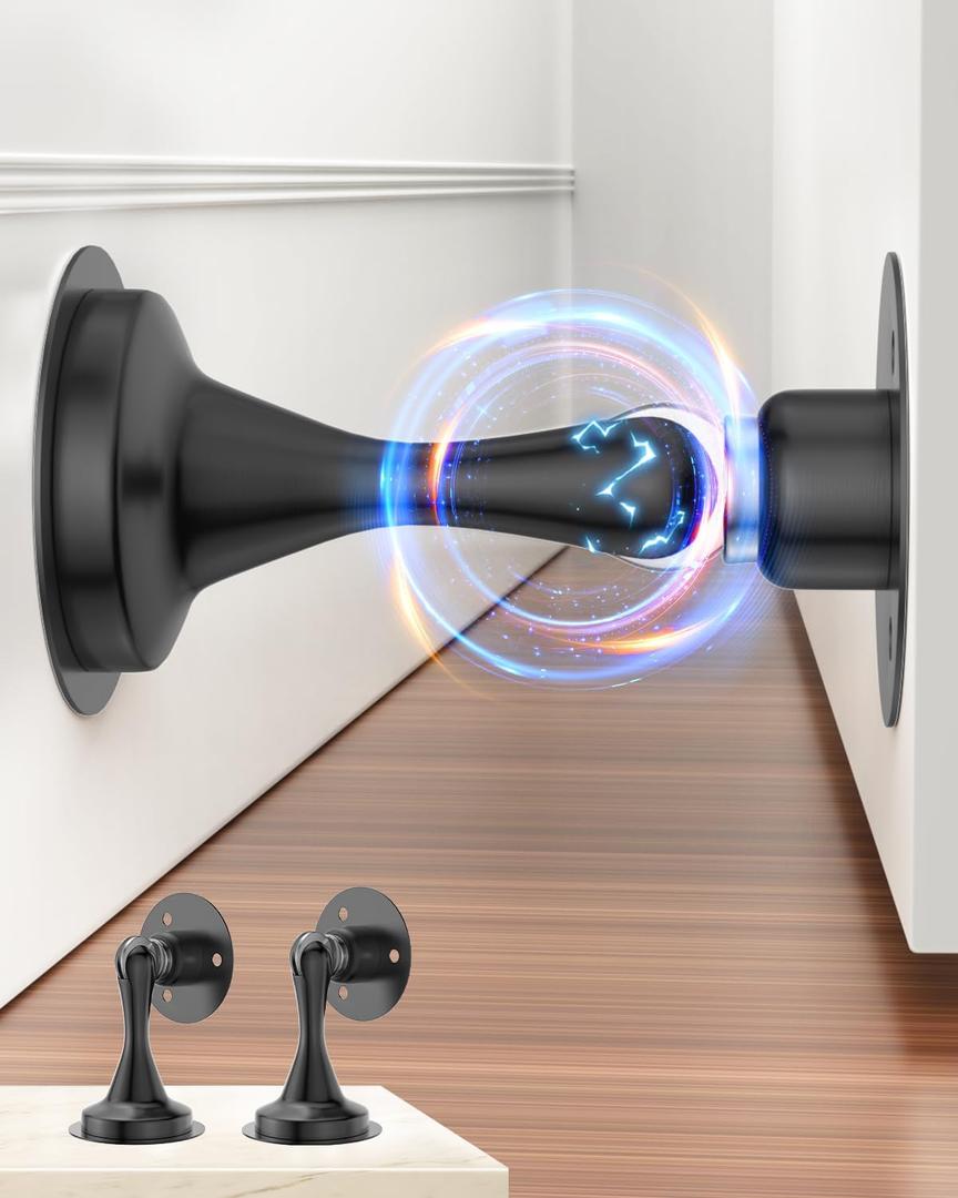 HELEMAN Magnetic Door Stoppers for Bottom of Door: 2Pack Stainless Steel Door Stops Holder Catch Magnet for Wall Floor Mount - Easy No Drill Strong Adhesive & Screws Keep Doors Open Accessories(Black)