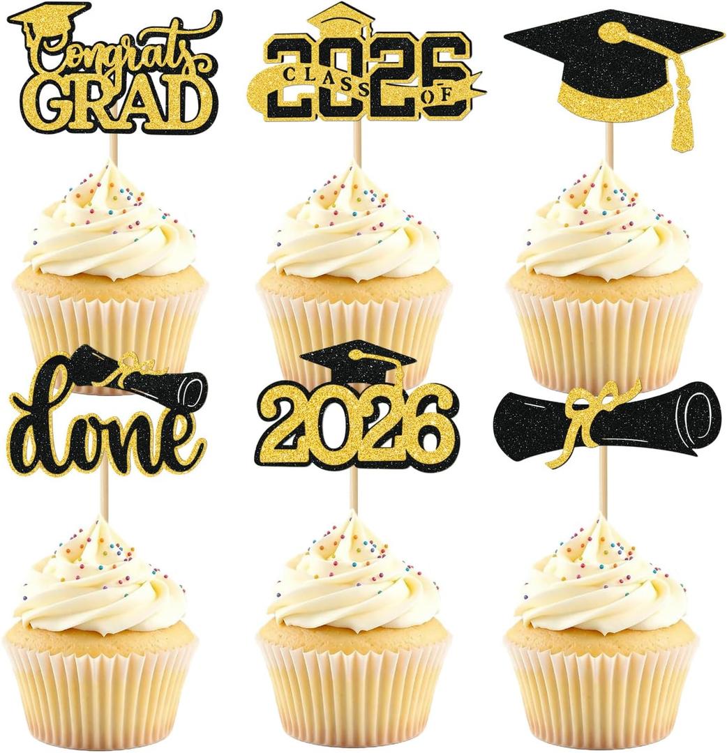 4 x Gold Graduation Cupcake Toppers 2026, 36pcs Glitter Cupcake Toppers for Class of 2026 Party Decoration Cap Diploma Done Congrats Grad Picks for Food Dessert Graduation Party Supplies