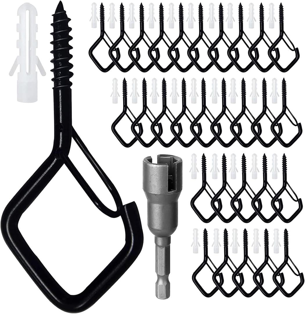 30 Pcs Outdoor Hooks for String Lights,Screw Hooks for Hanging Plants,Ceiling Hooks with Safety Buckle,Square Hanger for Wind Chimes,Bird Feeder,Lanterns,Christmas Decorations (Black)