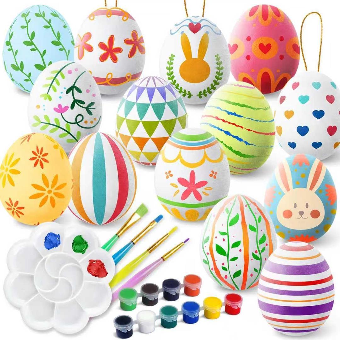 Easter Colorful Eggs Painting Kit-Paintable Flocking Eggs with Doodle Kit for DIY Design-Hanging Flocking Eggs with Rope for Easter Decoration,Egg Hunts, Basket stuffers & Essentials, 24PCS