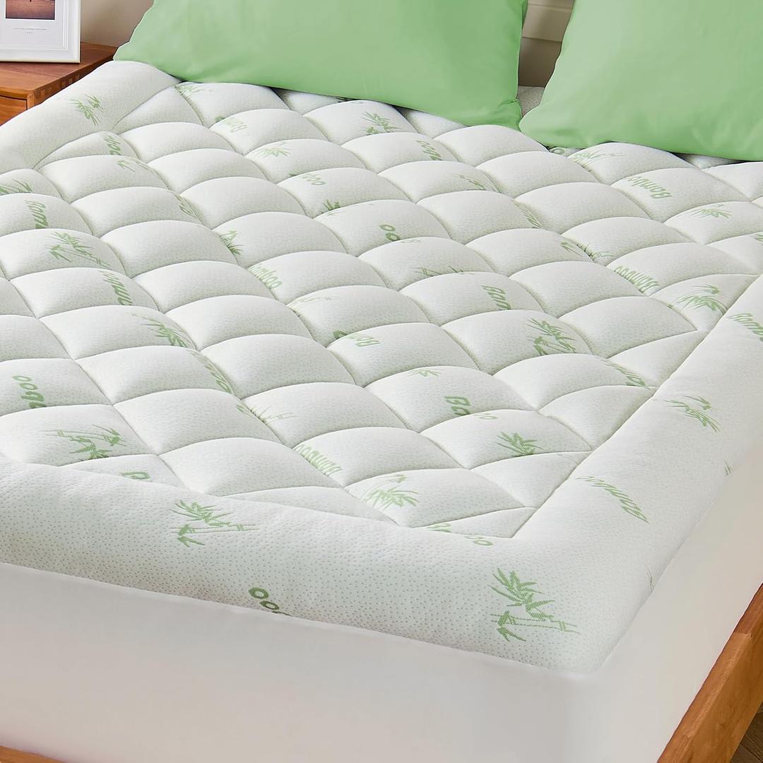 King Mattress Topper, Viscose Derived from Bamboo Thick Pillow Top Mattress Pad with Deep Pocket, Naturally Cooling for Hot Sleepers, Soft for Back Pain Relief, Green