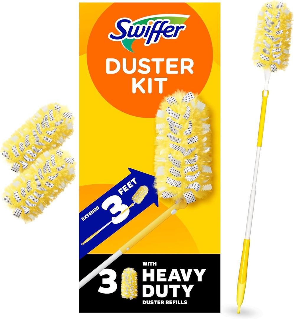Swiffer Duster Kit with 3 ft Extendable Handle, Heavy Duty Dusting Starter Kit with 3 Refills, for Ceiling Fans, Vents and Hard to Reach Places (4 Piece Set)