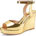 Women's Dressy Platform Wedge Sandals Gold Wedges Peep Toe Patent High Heels Slingback Heeled Comfortable Ankle Strap Shoes. 7.5 Size