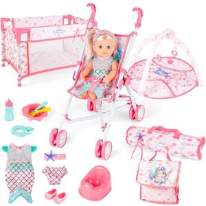 deAO Baby Doll Stroller Crib Bed Nursery Role Play Set Baby Doll Accessories and Play Mat,Travel Cot,Foldable Stroller and Travel Bag Birthday for Girls Boys Kids