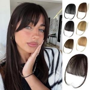 NAYOO Bnags Hair Clip- Dark Brown Fake Bangs 100% Real Human Hair Extensions Wispy Bangs for Women Fringe with Temples Hairpieces Curved Bangs for Daily WearDark Brown Wispy Bangs