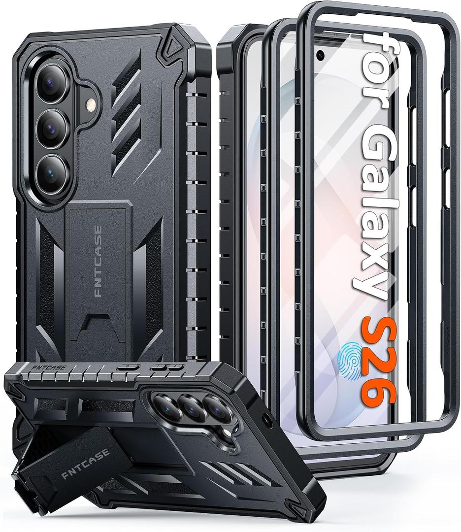 FNTCASE for Samsung Galaxy S26 Case: [Built-in Screen Protector & Kickstand] [2 Front Frames] [Military-Grade Drop Protection] Heavy Duty Shockproof Rugged TPU Case Full Body Protective Black