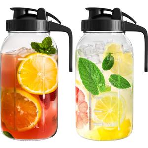 2 Pack (64oz) Glass Mason Jar Pitcher with Lid and Spout Wide Mouth, 2 Quart Leakproof Water Jug for Sun Tea, Iced Coffee, Milk Storage, Juice, Black