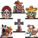 Amyhill 6 Pcs Day of The Dead Table Decorations Dia De Los Muertos Wooden Centerpiece Dancing Couple Sugar Skull Wooden Sign Day of The Dead Mexican for Fiesta Carnival Halloween Tiered Tray