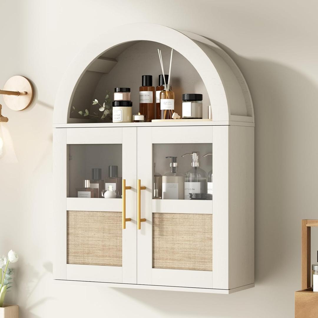 Rustown Arched Bathroom Wall Cabinet with 2 Glass & Rattan Doors, Large