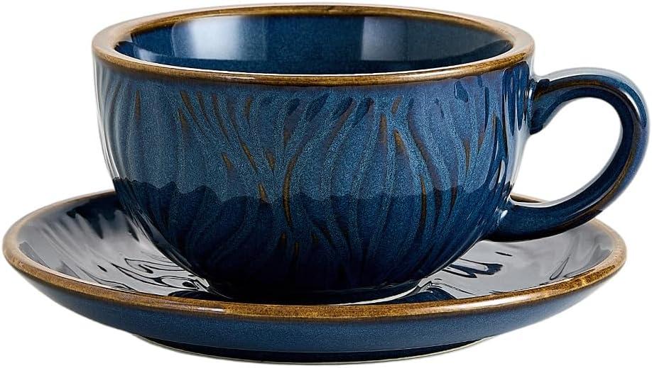 Vintage Design 12 oz Ceramic Latte Art Cappuccino Barista Cup with Saucer (Wave Blue)