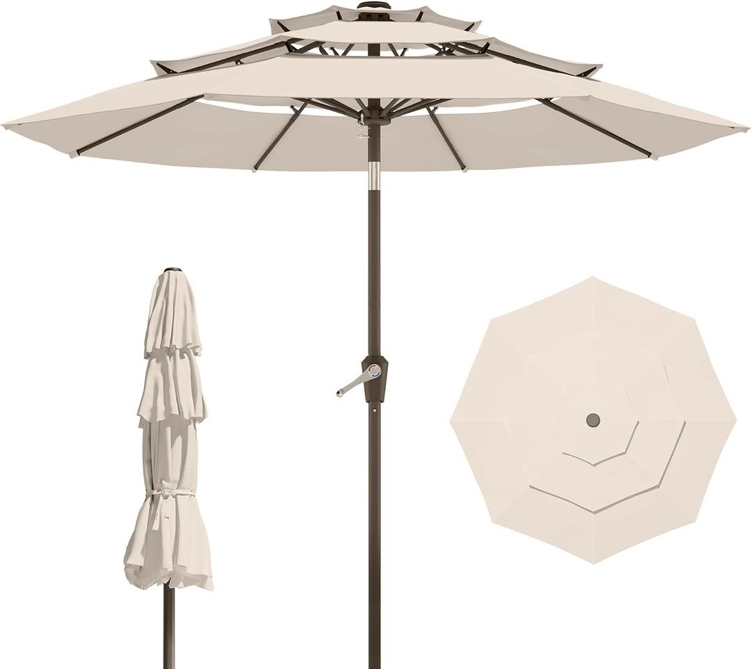 9FT 3 Tiers Patio Umbrella With Auto Tilt And Crank, Outdoor Table Market Umbrella with 8 Sturdy Ribs for Garden, Lawn, Deck, Backyard and Pool