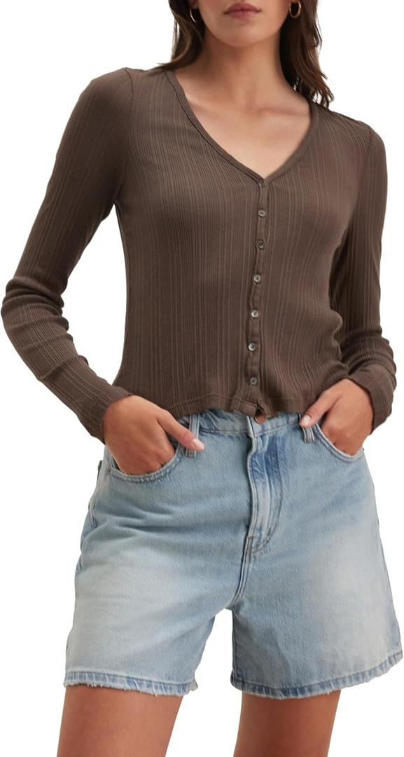 Velvet by Graham & Spencer Women's Drew Pointelle Long Sleeve T-Shirt Cardigan (Brown, XS)