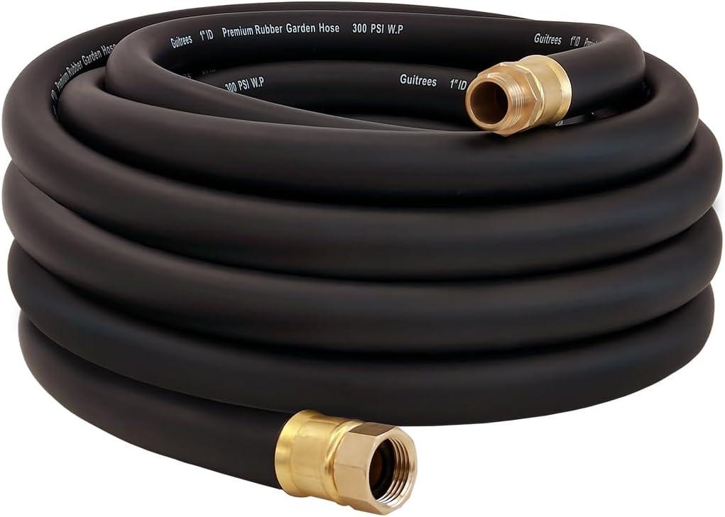 Guitrees 50FT ×1 inch Heavy Duty Rubber Garden Hose - 200psi Working, 1000psi Burst - Hot/Cold Water - Five-Layered Braiding for Durability - Versatile for Gardening, Agriculture, Construction(Black)