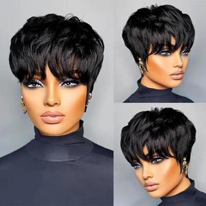 Short Pixie Cut Wigs for Black Women Glueless Pixie Cut wig Human Hair Short Layered Brazilian Virgin Human Hair Wig for Women Color 1B# Full Machine Made,  Color 002#