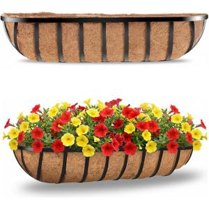 30 Inch 2 PCS Window Box Deck Railing Planter with Coco Liners, Hanging Flower Planters Black Metal Baskets for Indoor Outdoor, Balcony, Porch, Fence, Lawn and Patio