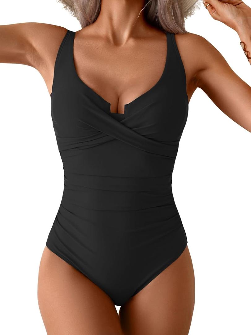 B2prity Women's Underwire One Piece Swimsuit Tummy Control Ruched Bathing Suit Criss Cross V Neck Swimwear (Large, Black)