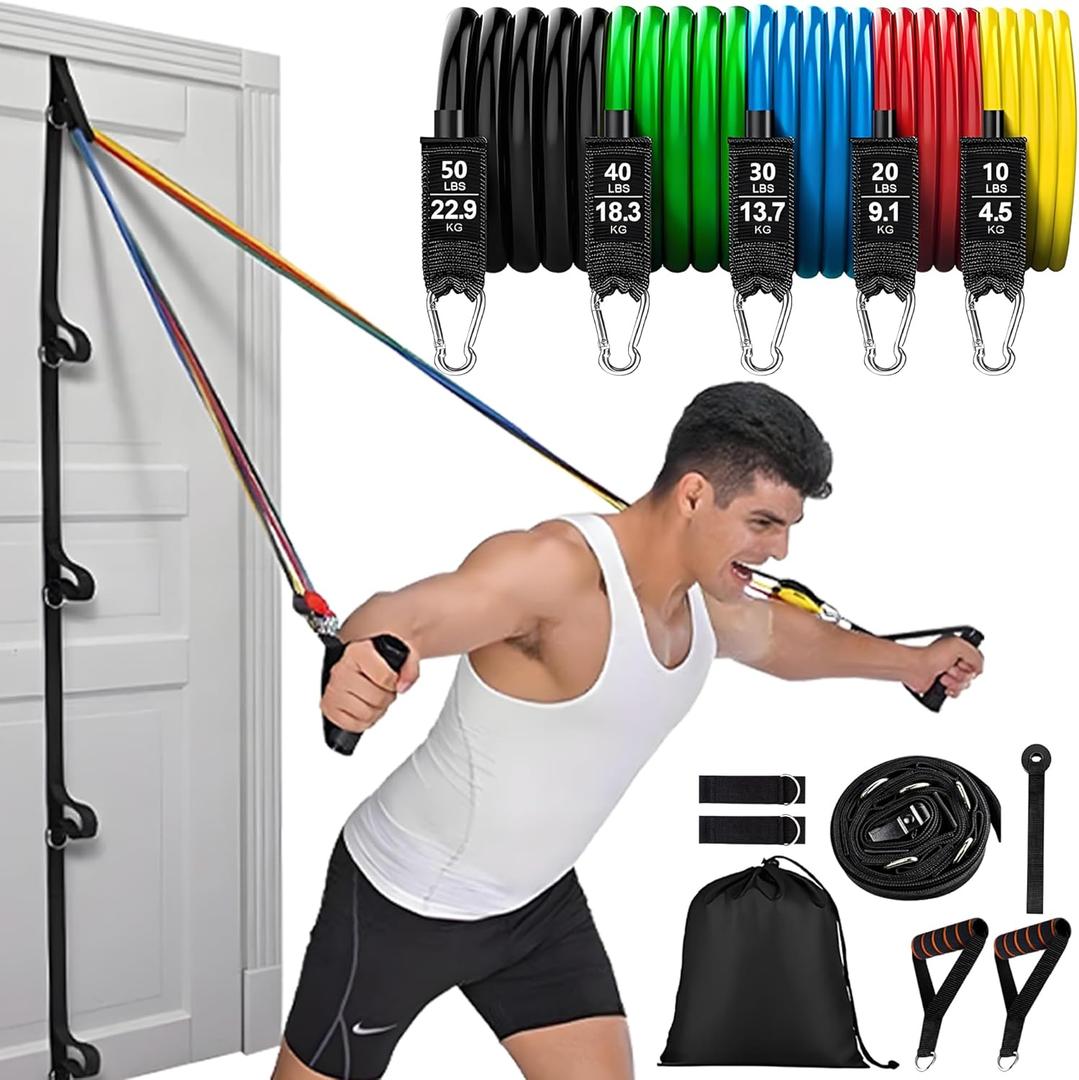 Resistance Bands Set with Door Anchor Training System, 5 Colors Stackable up to 150LBS, Includes 5-Angle Door Training Tool, Home Full Body Workout Bands, Handles, Ankle Straps, Portable Bag