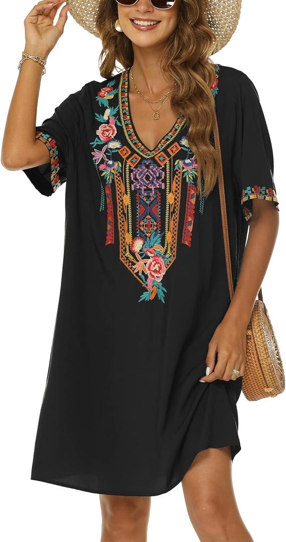 Grosy Women's Embroidered Mexican Peasant Dresses, Plus Size Fiesta Boho Dress for Women, Traditional Floral Bohemian Tunic (Black, XL)