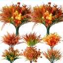 Outdoor Artificial Fall Flowers Mums Plants Autumn Decor, UV Resistant, Look Real 12 Bundles Outside Fake Daisy Eucalyptus Wheat Ferns Arrangement Faux Greenery for Garden Pots Yard Window Box (Orange)