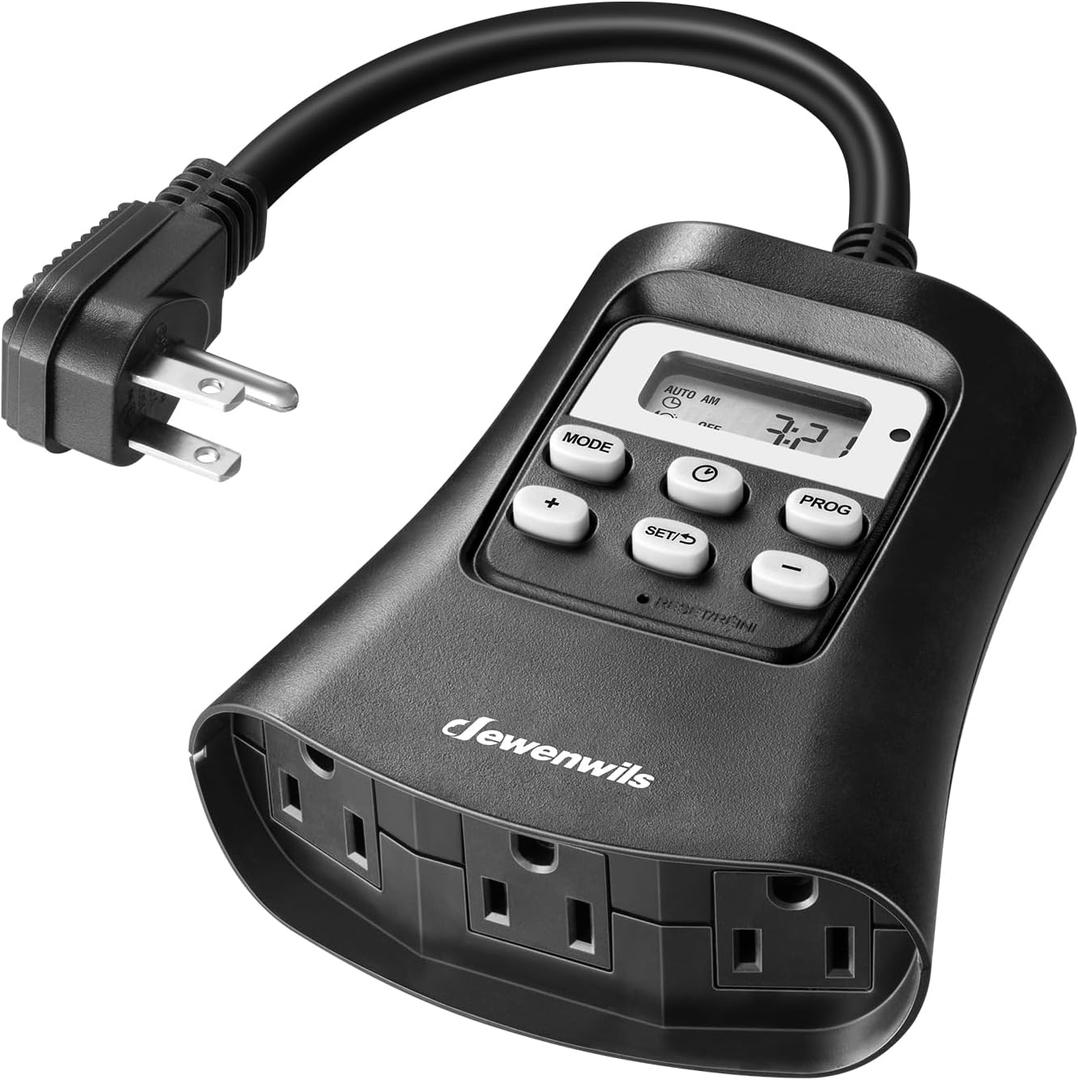 DEWENWILS Outdoor Digital Timer for Lights, 7-Day Programmable Plug in Timer with 3 Grounded Outlets for Christmas Landscape String Light, 15A, 1/3 HP UL Listed