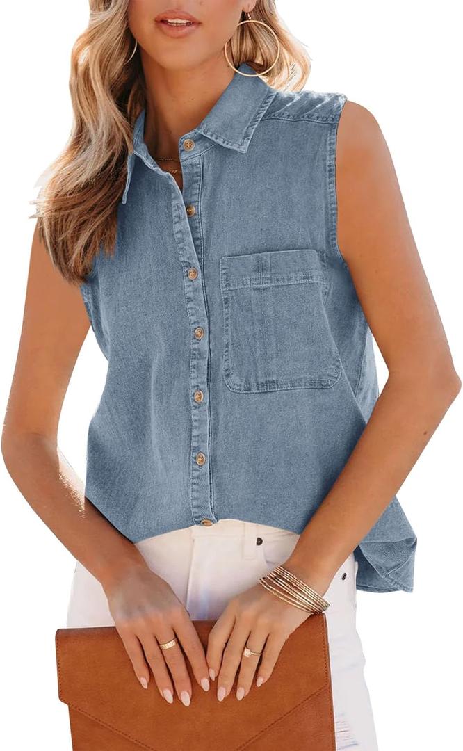 POTILI Women's Denim Shirt, Button Down Short Sleeve Jean Shirts Casual Top Outfits Trendy, Size 2XL