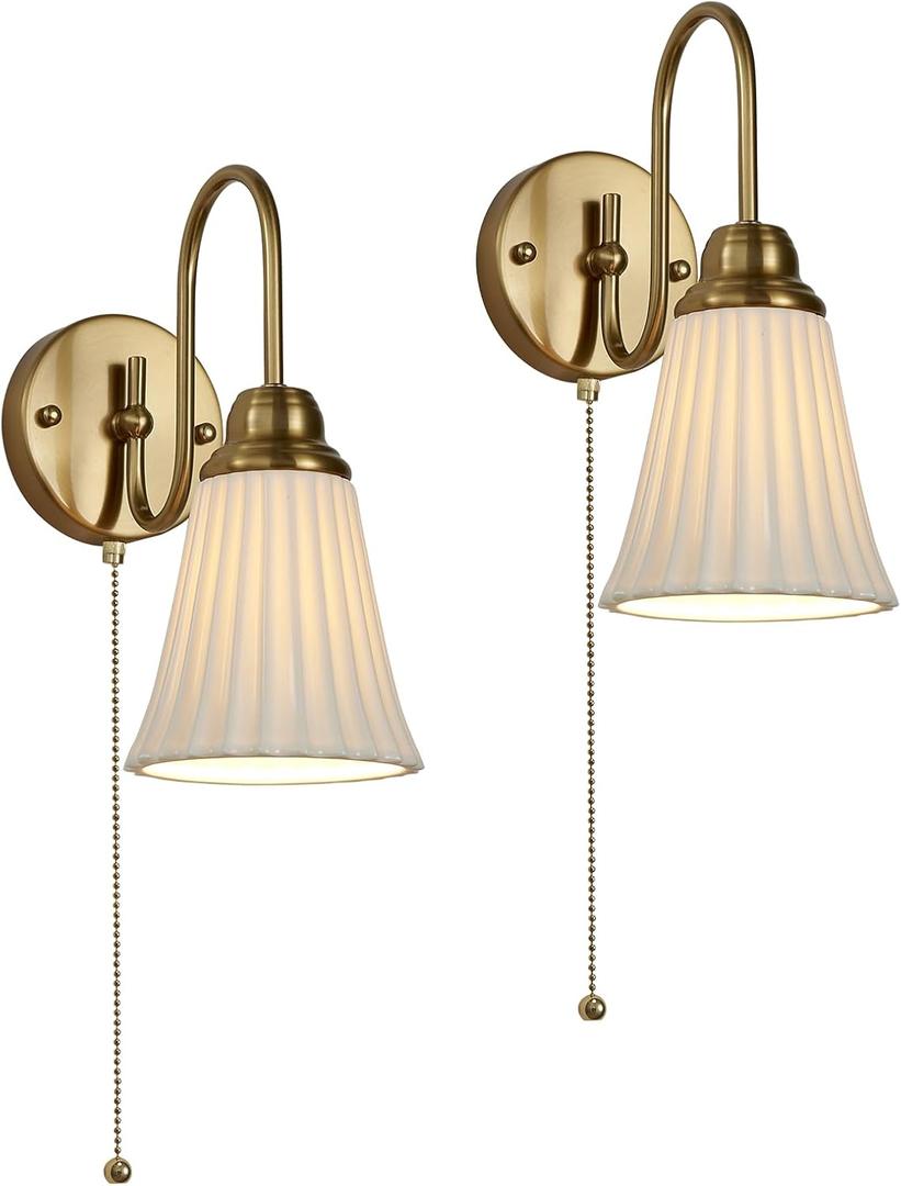 2 Pack Modern Ceramic Gold Hardwired Wall Sconce Wall Lighting with Pull Chain Switch, Indoor Wall Light Fixtures Curve Arm Wall Lamp for Living Room Bedroom Bedside Kitchen Home Office