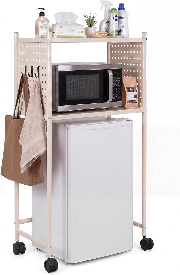 Mifoci Mini Fridge Stand with Storage Shelf, 2 Tier Dorm Fridge Shelf with Pegboard and Wheels, White over Mini Microwave Stand Organizer for Dorm Room Apartment Kitchen Office