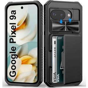 BXYJY for Google Pixel 9a Case Wallet, Card Holder (4-5 Cards), Slide Camera Cover, Military Drop Protection, RFID Block, Rugged Shockproof Heavy Duty Men Women Phone Case for Google Pixel 9a, Black