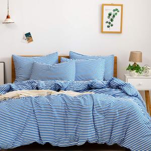 JELLYMONI 100% Natural Cotton 3pcs Striped Duvet Cover Sets,White Duvet Cover with Blue Stripes Pattern Printed Comforter Cover,with Zipper Closure & Corner Ties (Queen Size) (0903)