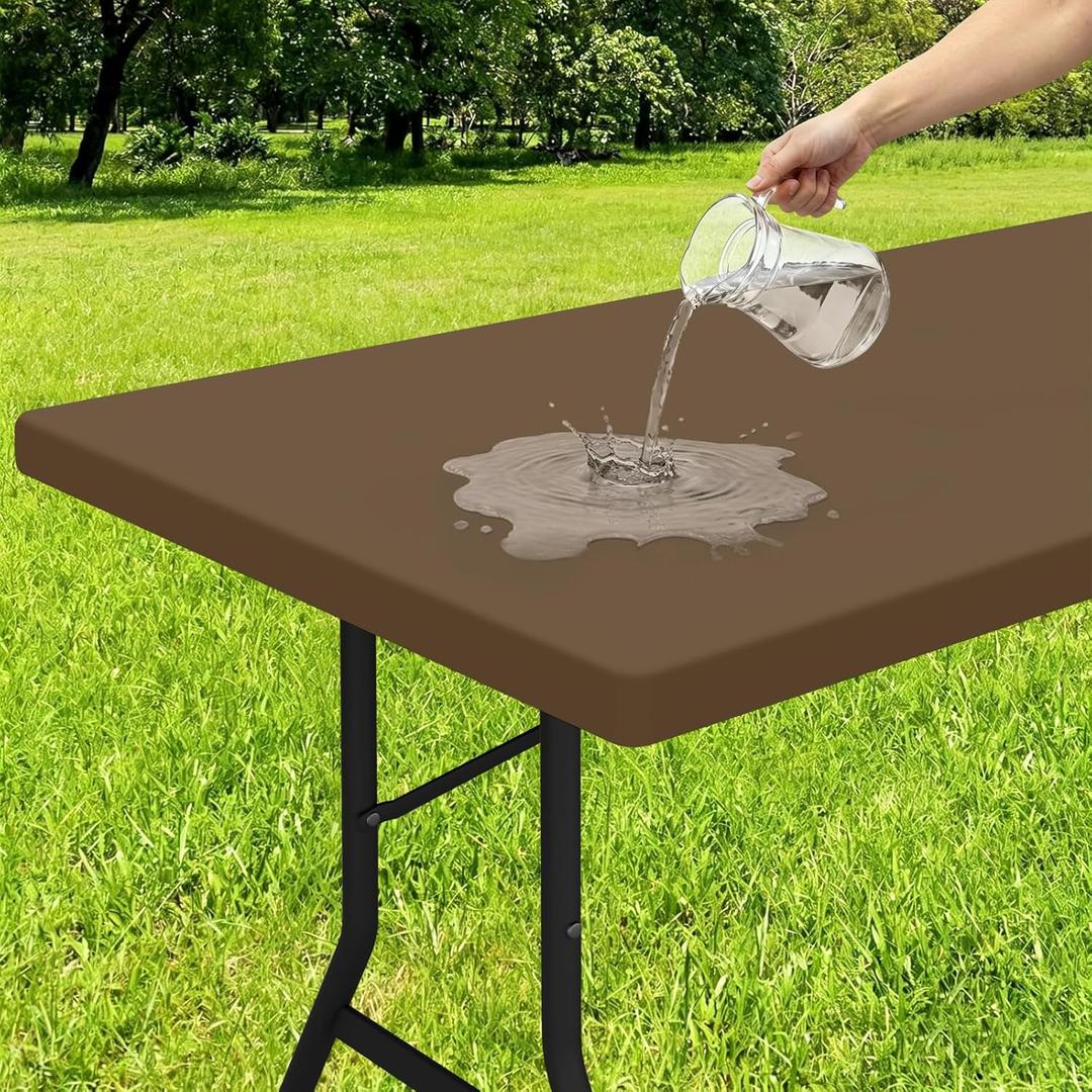 Smiry Rectangle Tablecloth, Elastic Fitted Flannel Backed Vinyl Tablecloths for 8ft Folding Tables, Waterproof Wipeable Table Covers for Indoor, Outdoor, Picnic and Camping (Brown, 30"x96")