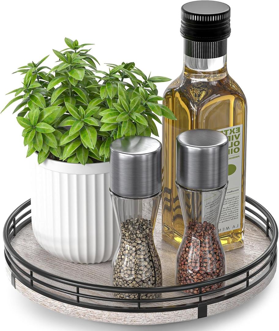 9" Wooden Lazy Susan Organizer for Cabinet, Turntable Round Decorative Tray for Kitchen Sink, Countertop Organizer, Bathroom Counter Organizer for Skincare Makeup, Rustic Whitewashed