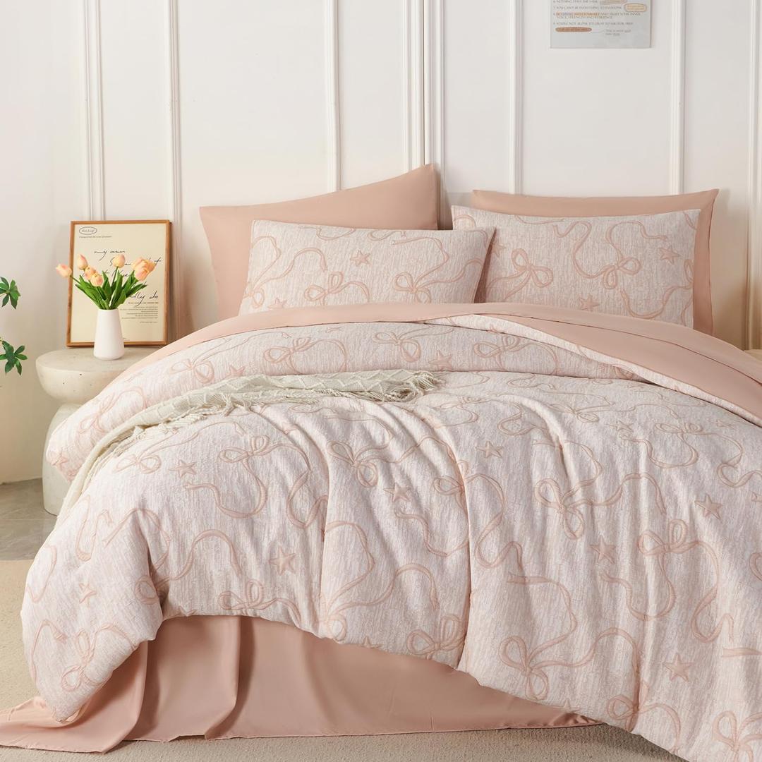 PERFEMET Blush Pink Twin Comforter Set, 5 Pieces Cute Bow Jacquard Girls Bedding Twin Bed in a Bag, Soft All Season Vintage Embossed Bowknot Bedding Comforter Set Boho Bedroom Sets, Twin-5Pcs