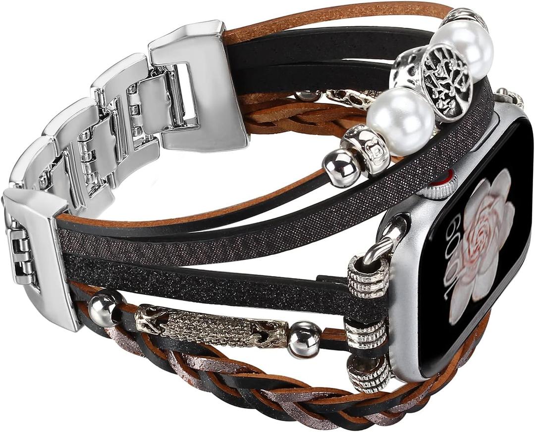 Boho Bracelet Compatible with Apple Watch Band 38mm/40mm/41mm/42mm(Series 10) Women Men, Handmade Jewelry Multilayer Wrap Leather Strap for iWatch Band SE 3 Ultra 2 3 Series 11 10 9 8 7 6 5 4 3 2 1