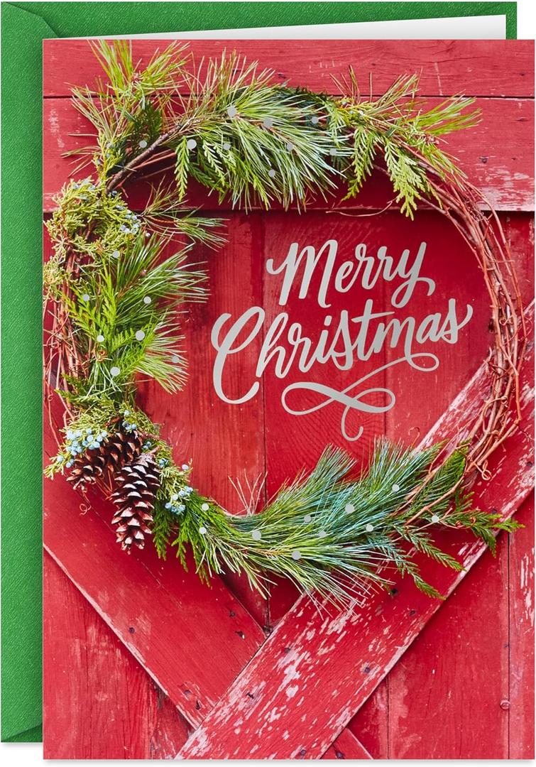 Hallmark Bulk Rustic Boxed Christmas Cards (40 Cards and 40 Envelopes) Red Barn Door with Wreath, Merry Christmas