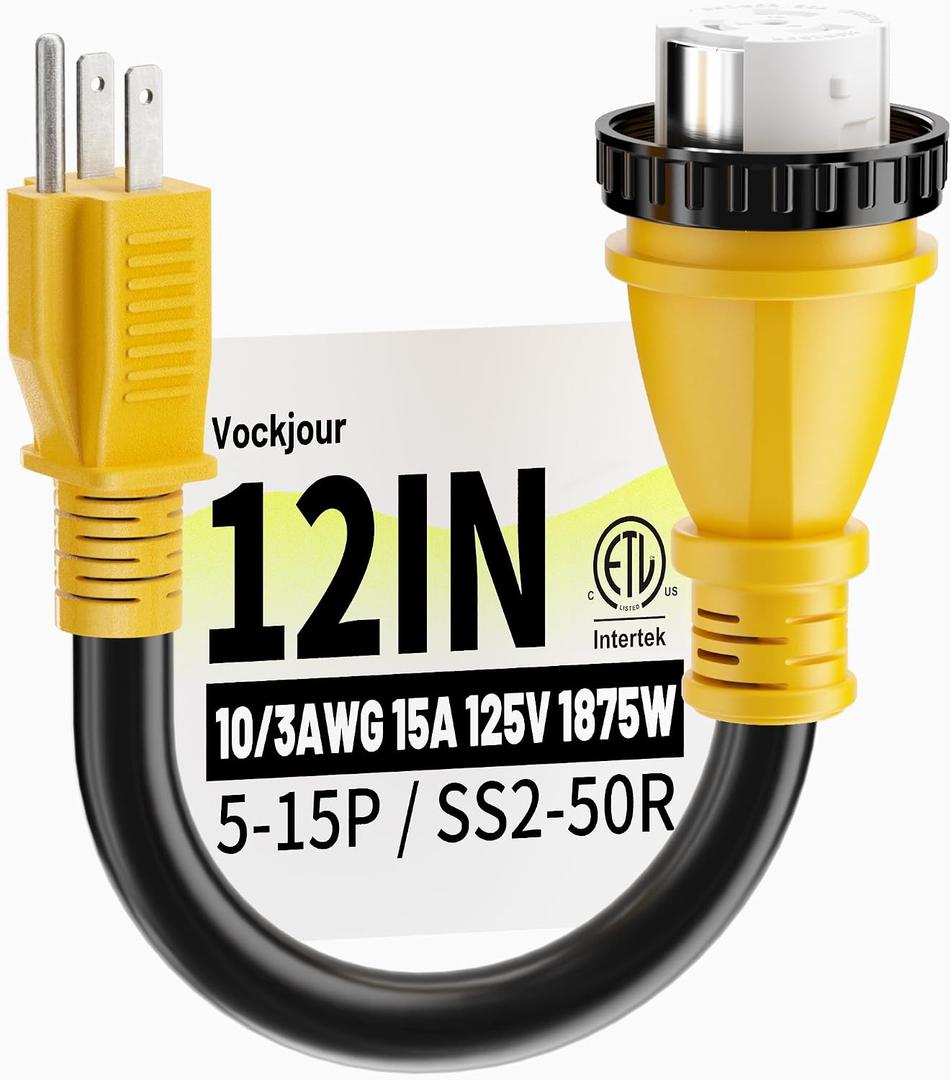 50 Amp to 110 RV Adapter 3 Prong 12 Inch, NEMA 5-15P Male to NEMA SS2-50R Female, Heavy Duty RV Electrical Adapter Cord with Twist Lock Plug, STW 10AWG 15A 125V 1875W, Yellow, ETL Listed