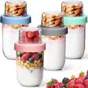 4 Pack Glass Yogurt Parfait Cups with Lids, 16+4oz Reusable Containers with Dry & Wet Separation, Leak-Proof for Overnight Oats, Meal Prep, Portable to Work & School, Easy Clean