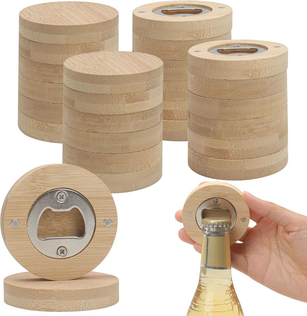 24pcs Round Bamboo Bottle Opener Magnet, 2.6 Inch Round Shape Wooden DIY Beer Openers Bulk, Fridge Refrigerator Sticker for Coaster Bars Parties Kitchens Decoration, Gift for Wedding Guest Beer Lover