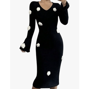 MakeMeChic Women's Elegant 3D Floral Bell Sleeve V Neck Midi Sweater Dress Fall Bodycon Dresses, Size M