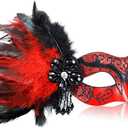 MYSEUNI 2025 New Red Masquerade Venetian Mask for Women - Womens Mascarade Mask with Feathers for Masquerade Party, Halloween Ball, Cosplay Prom, Christmas, Birthday, Wedding
