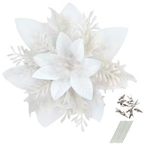 GREENTIME 12 Pcs Glitter Poinsettia 5.5" Artificial Flowers Christmas with Clips Stems Xmas Tree Ornaments for New Year Party Stairs Fireplace Porch Balcony Garden Church Wreath Decoration (White)