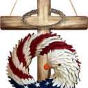 4th of July Patriotic Door Decor Cross Eagle Wreath Red White Blue 250th Anniversary Wreath Wooden Hanging Sign for American Independence Day, Memorial Day.