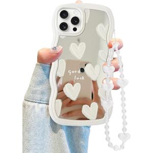 Jusy Compatible with iPhone 12 Pro Case with Wavy Edge, Cute White Heart Mirror Curly Phone Cases, Shockproof Hard PC & Soft TPU Bumper Protection Cover for Women Girls with Bracelet Chain