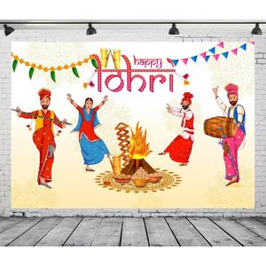 CORFOTO 10x8ft Fabric Happy Lohri Festival Backdrop Cartoon Indian People Punjabi Religious Holiday Background for Harvesting Festival Party Decorations Banner Kids Adults Photo Props