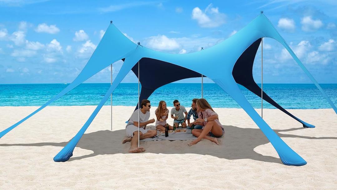 Beach Tent Sun Shelter,UPF 50+ Protection Sun Shade Canopy with 6 Sand Bags,4 Support Poles, Portable 1320FT Outdoor Canopy Tent for Beach Camping,Fishing,Picnic (Light Blue)