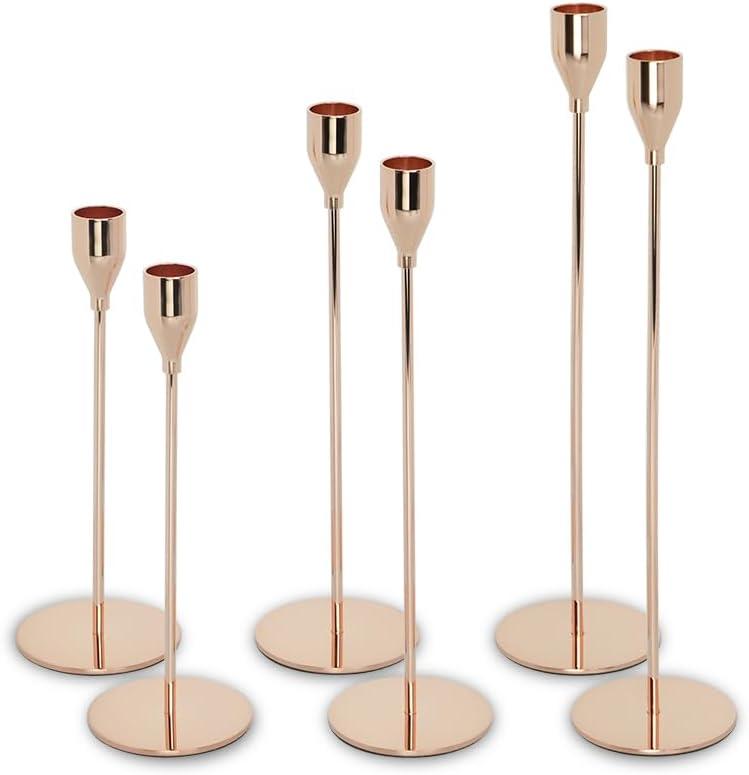 Foryoudecor Tall Candlestick Holders Set of 6, Rose Golden Taper Candle Holder, Vintage Candlesticks for Long Candle, Centerpieces Decor for Living Room,Dining Table Decor,Wedding, Fireplace Party