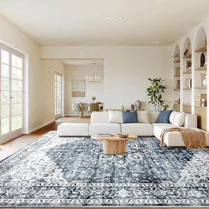 AMADA HOMEFURNISHING 8x10 Washable Area Rug, Low-Profile Large Area Rug with Non-Slip Backing & Durable Edge Binding, Vintage Large Rugs for Living Room, Bedroom, Dinning Room