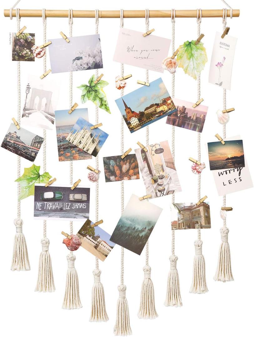 Mkono Teen Girl Room Decor Boho Macrame Hanging Photo Display, Pictures Cards Holder Wall Art for Bedroom Livingroom Dorm Home Teens Women Christmas Birthday Gift, with 40 Wood Clips, 37" L x 23.6''W (Ivory)