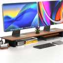 COREMINDED Solid Wood Dual Monitor Stand Riser 43" Walnut Desk Shelf for 2 Monitors with Tray & Wool Felt, Organizer for Desktop, Laptop and Office (Walnut)