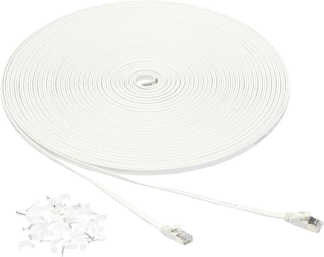 Amazon Basics RJ45 Cat 7 Ethernet Patch Cable, Flat, 600MHz, Snagless, Includes 25 Nails for Printer, 100 Foot, White